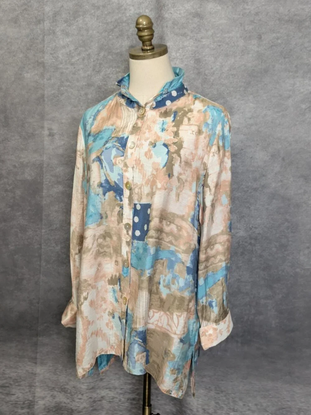 Multiples Wired Collar Tunic Size L Blue Abstract Button Front Shirt Artsy - Picture 3 of 7